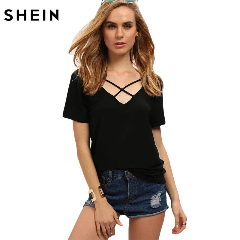 SHEIN Fashion Tops 2016 Women Summer New Arrival Black Sexy Crisscross Front V Back Short Sleeve Casual T-shirt