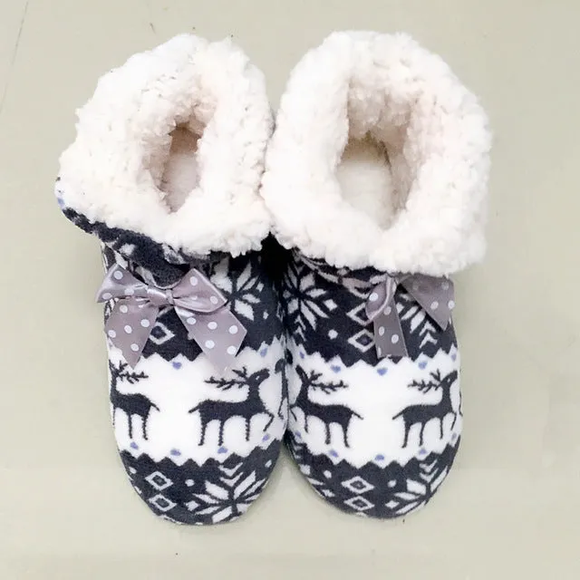 Winter Warm Women Indoor Shoes Lovely Reindeer Pattern Plush Cotton Shoes Bota With Bow Non-slip Soft Sole Home Floor Slippers