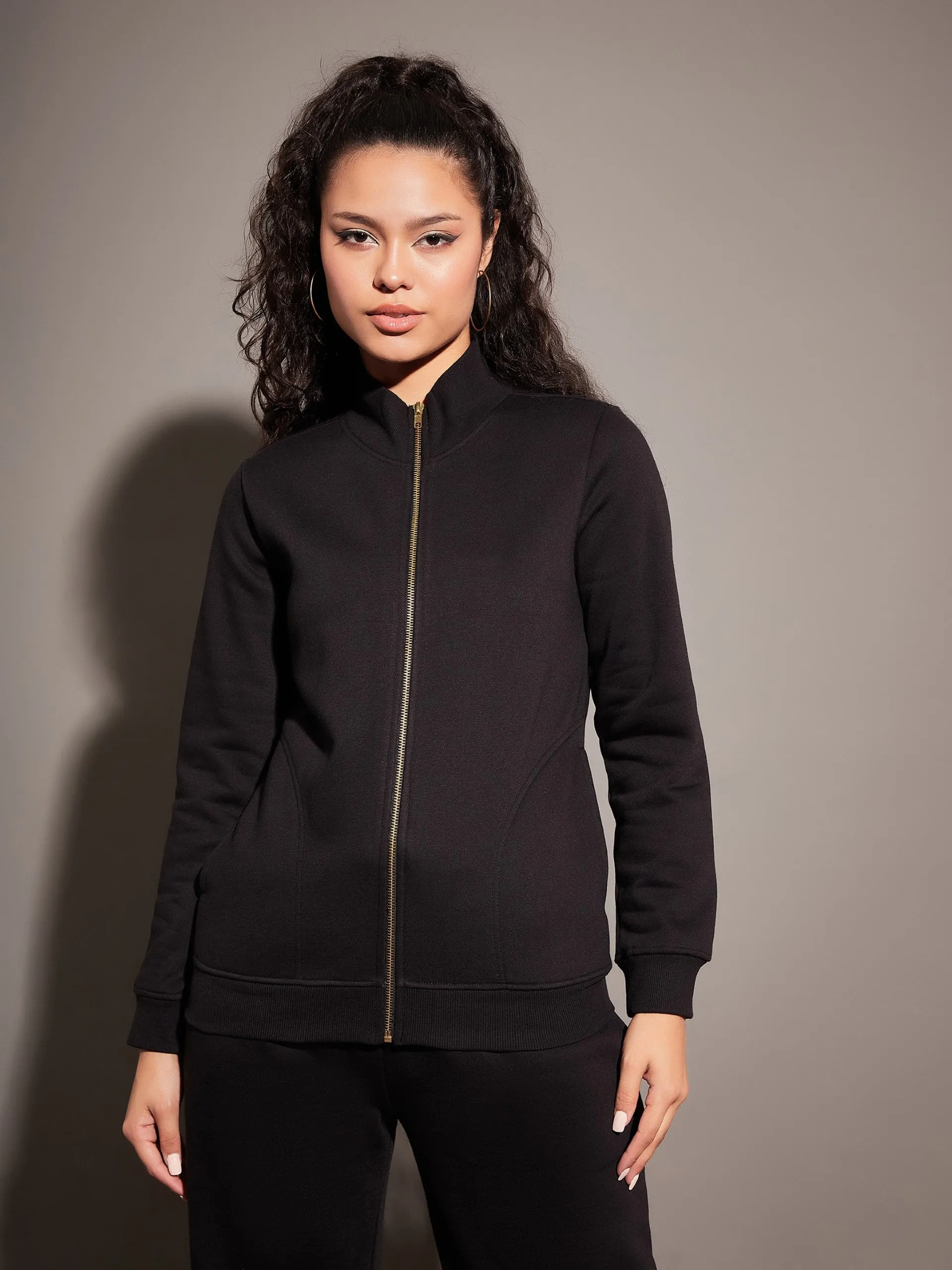 Women Black Fleece Zipper Jacket