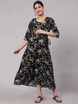 Women Black Floral Printed Flared Maternity Dress