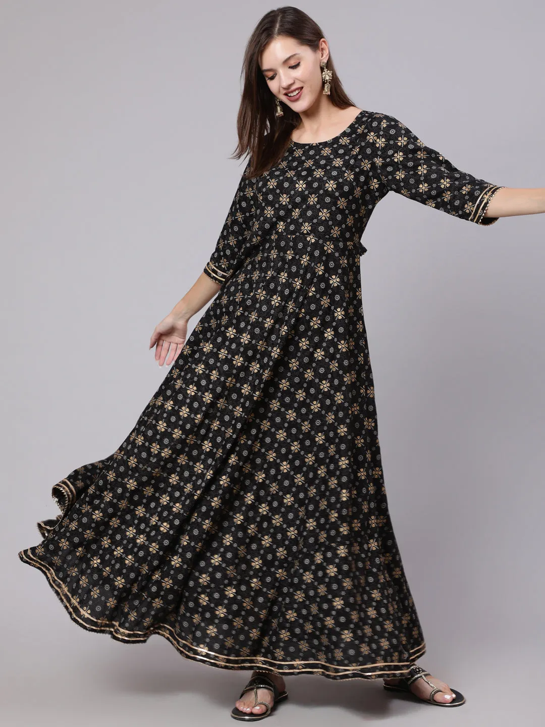 Women Black Printed Ethnic Dress With Gotta Details