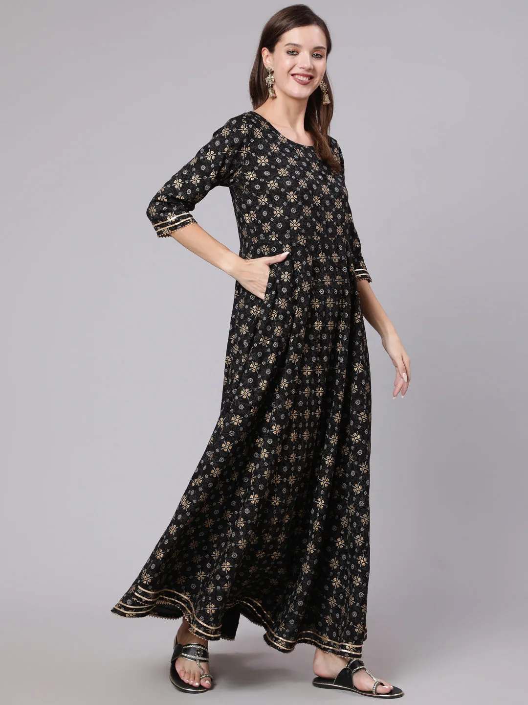 Women Black Printed Ethnic Dress With Gotta Details