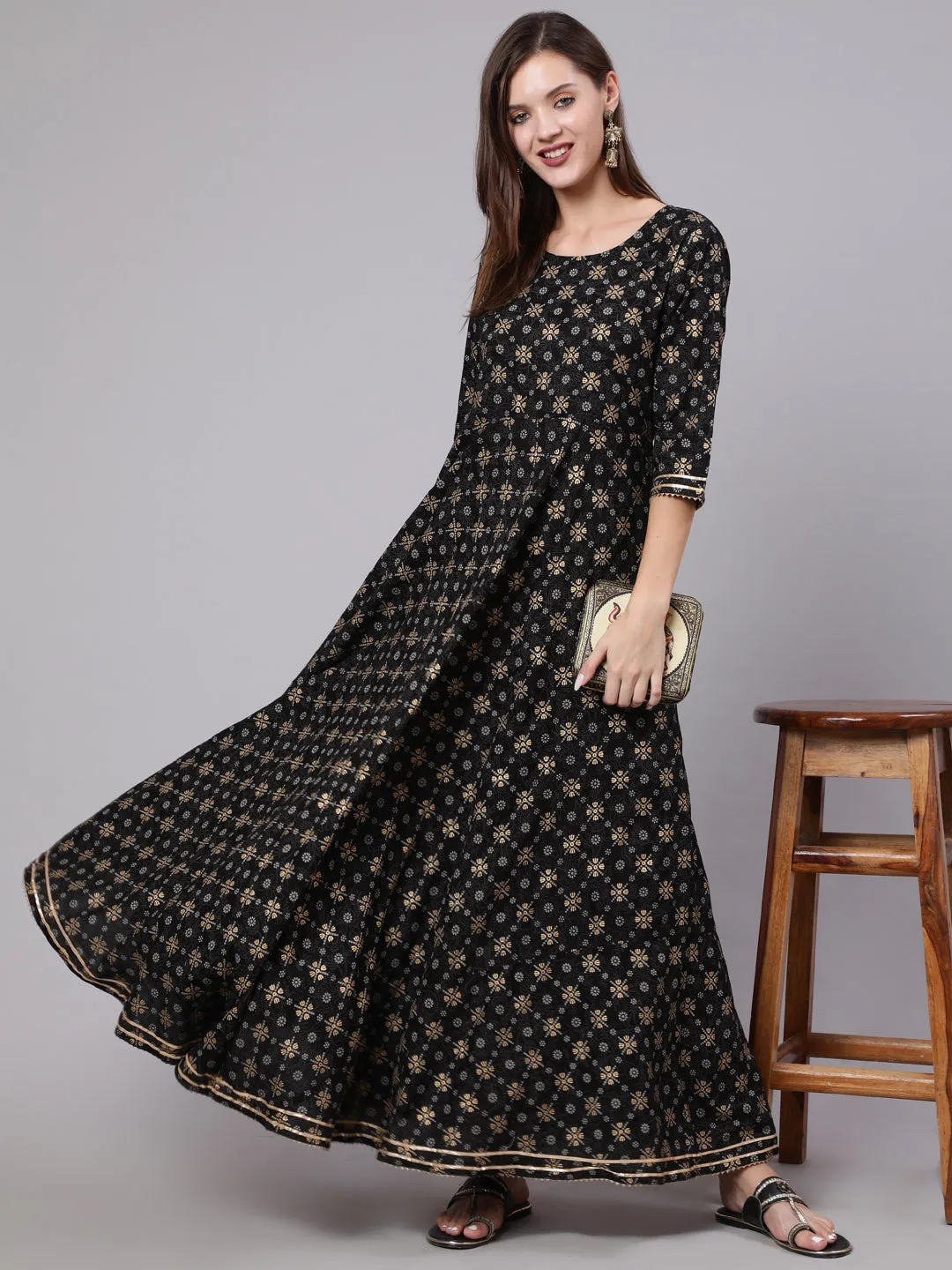 Women Black Printed Ethnic Dress With Gotta Details