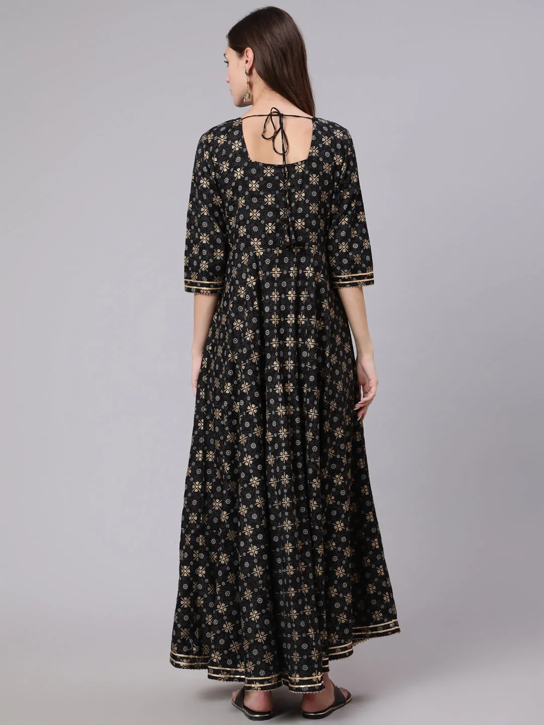 Women Black Printed Ethnic Dress With Gotta Details