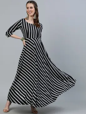 Women Black Striped Maxi Dress With Three Quarter Sleeves