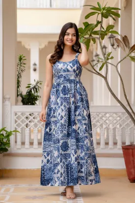 Women Blue Printed Flared Dress