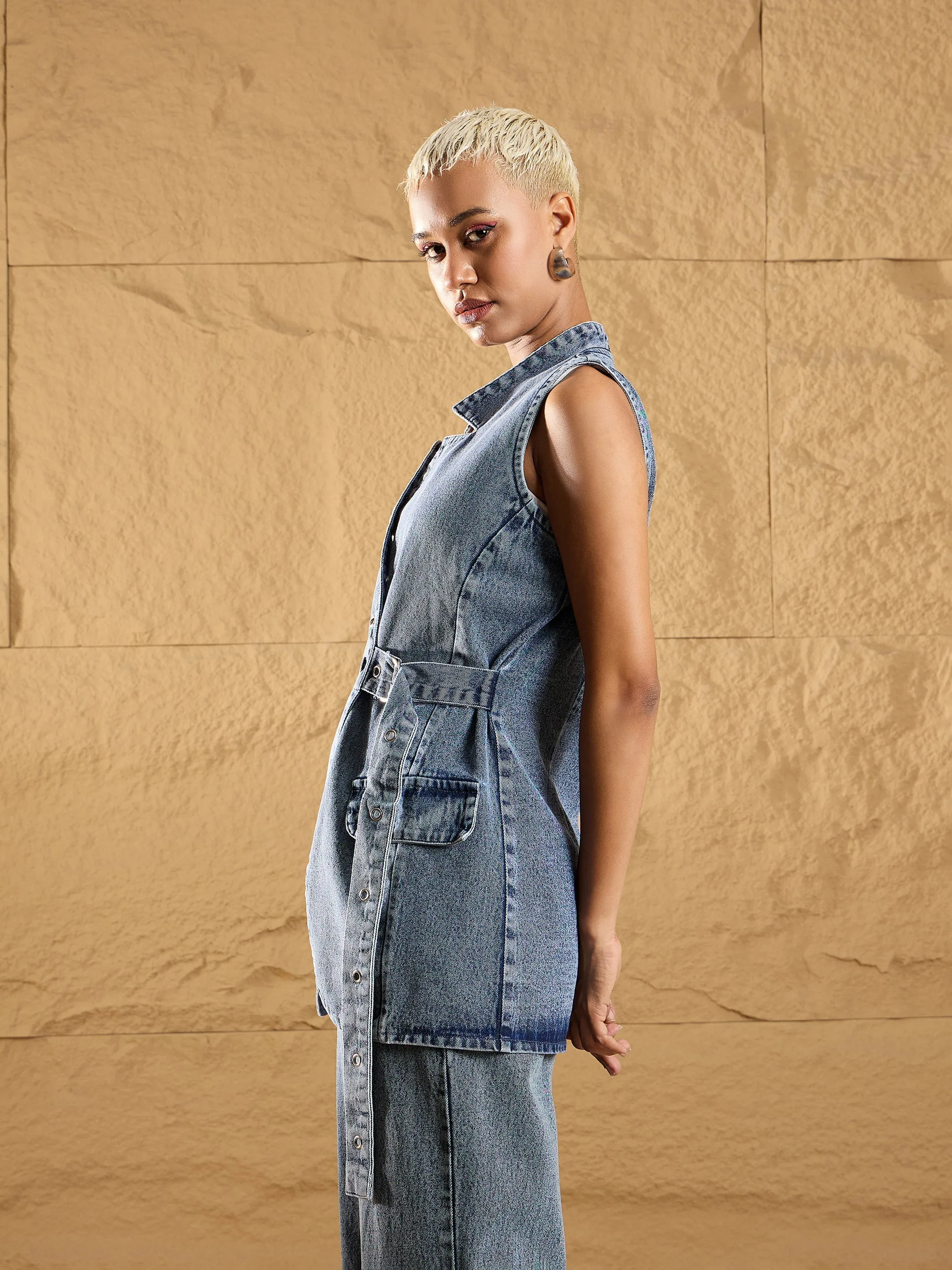 Women Blue Wash Denim Eyelet Sleeveless Jacket