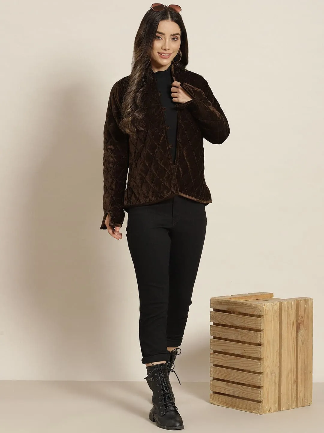 Women Brown Velvet Full Sleeve Quilted Jacket