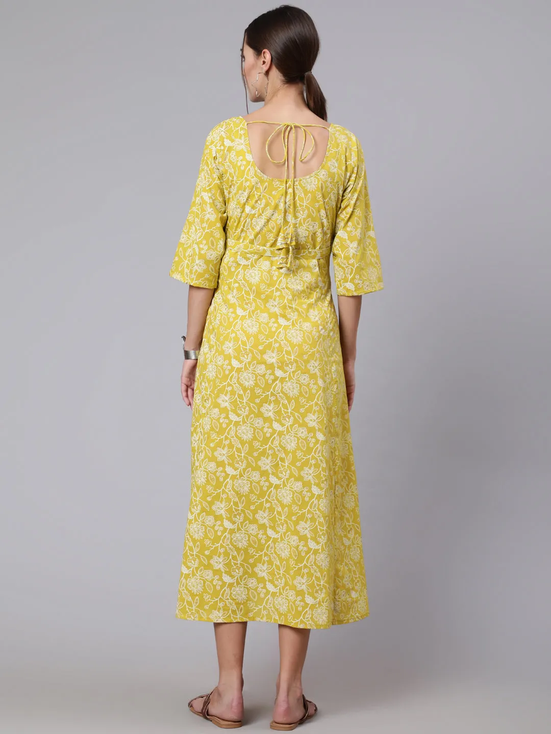 Women Green Ethnic Printrted Maternity Dress With Three Quarter Sleeves