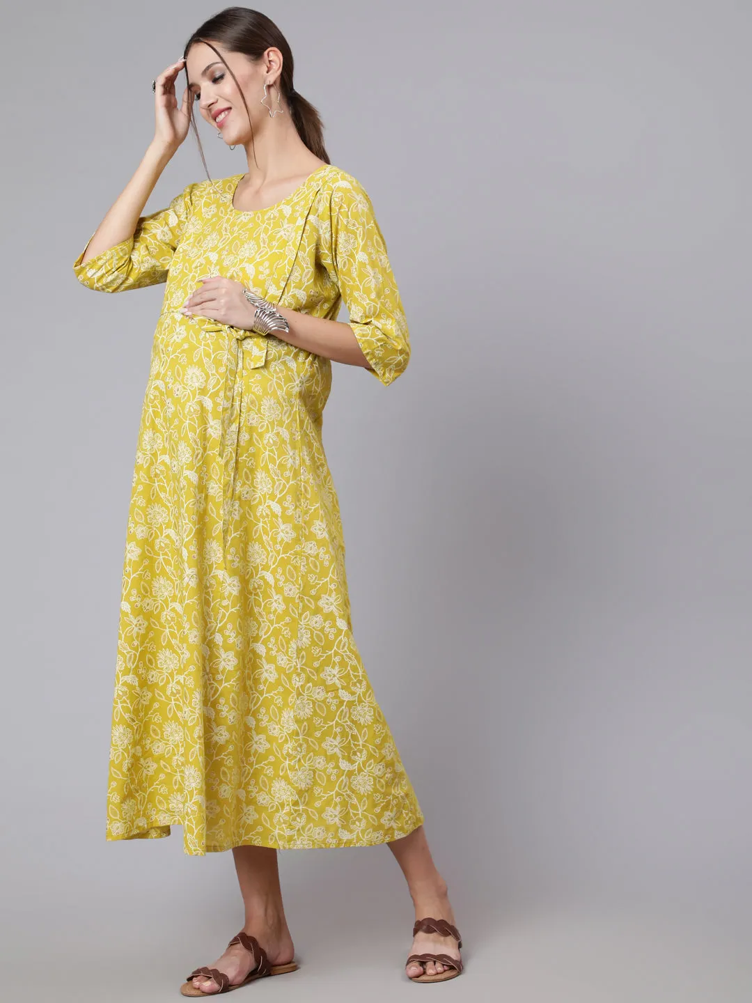 Women Green Ethnic Printrted Maternity Dress With Three Quarter Sleeves