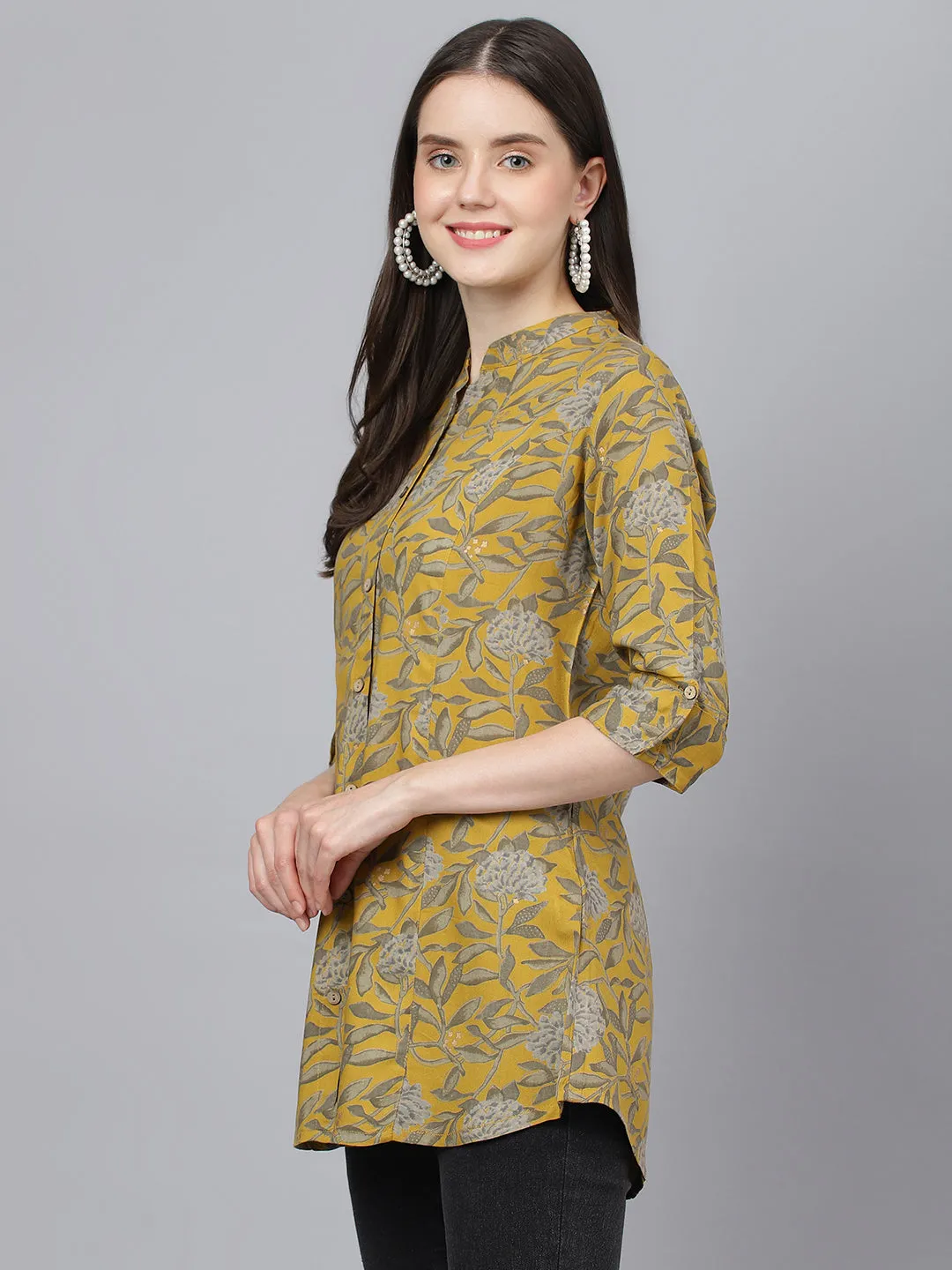 Women Mustard Floral Printed Rayon A-Line Shirts Style Top