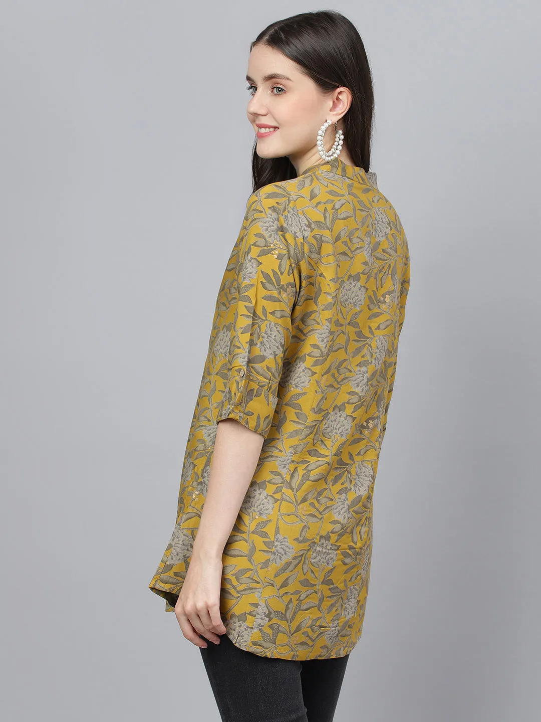 Women Mustard Floral Printed Rayon A-Line Shirts Style Top