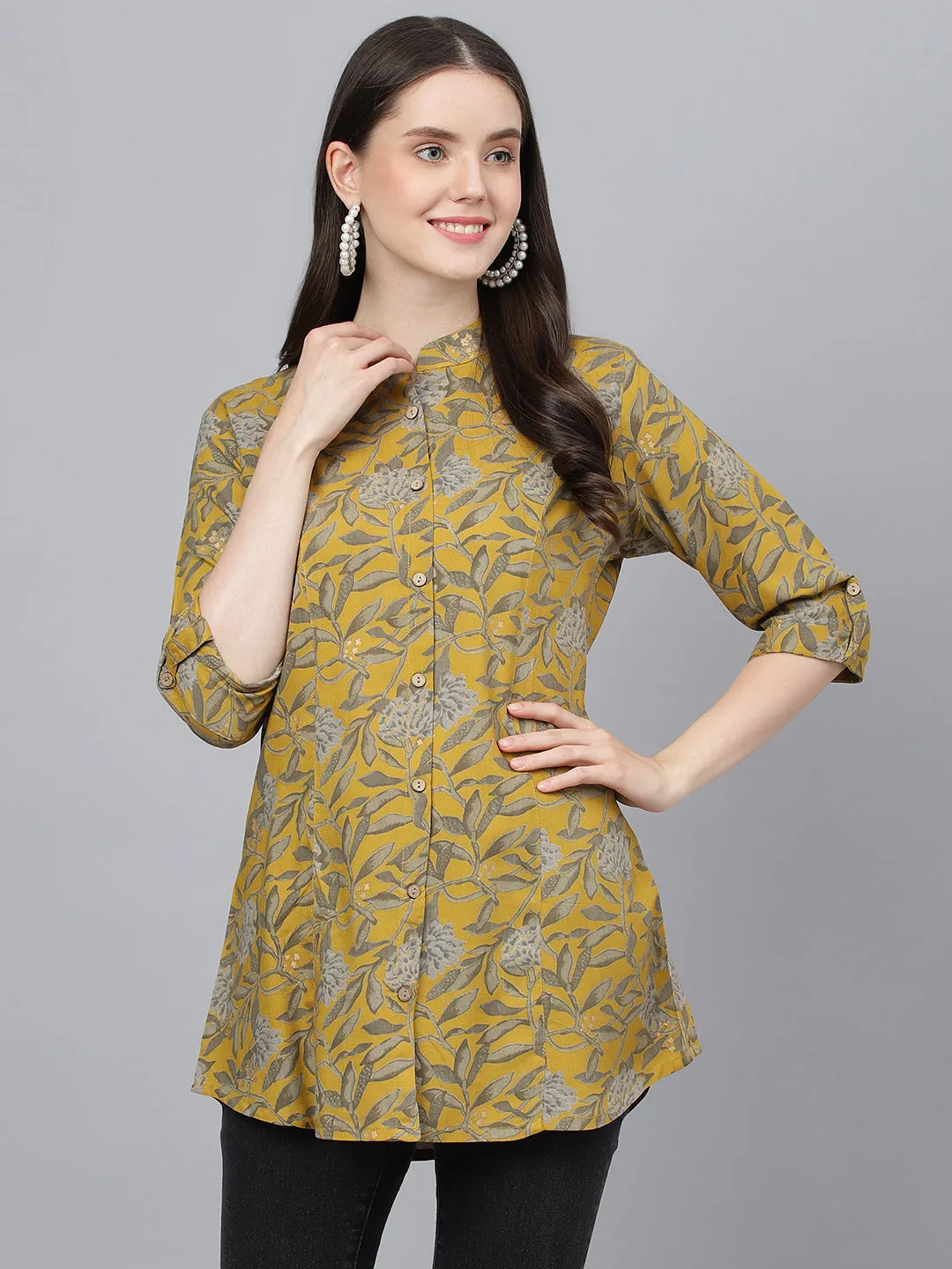 Women Mustard Floral Printed Rayon A-Line Shirts Style Top