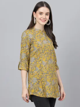 Women Mustard Floral Printed Rayon A-Line Shirts Style Top