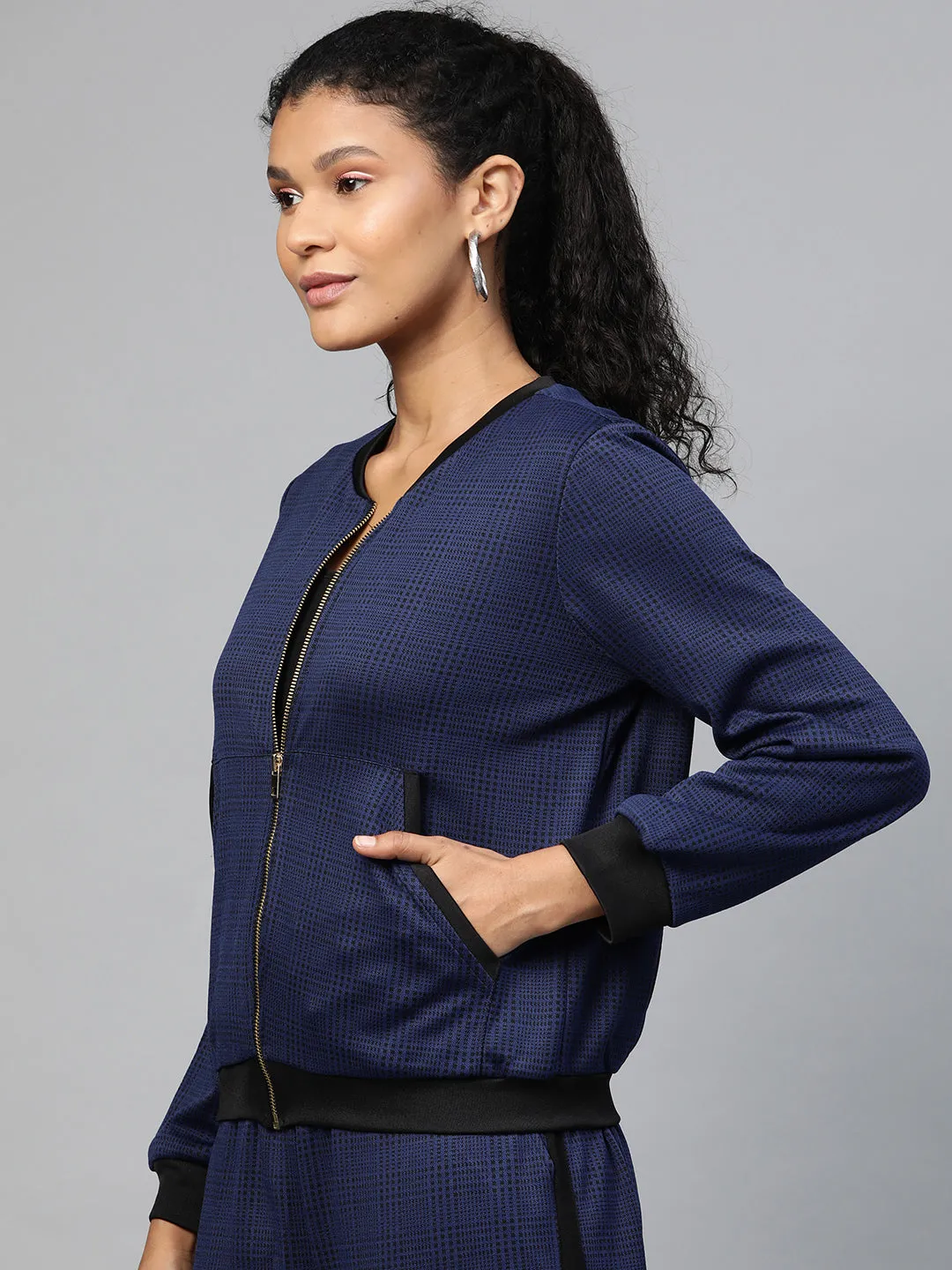 Women Navy Jacquard Check Bomber Jacket