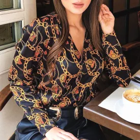 Women Password Chain Printed Vintage Blouse Shirts