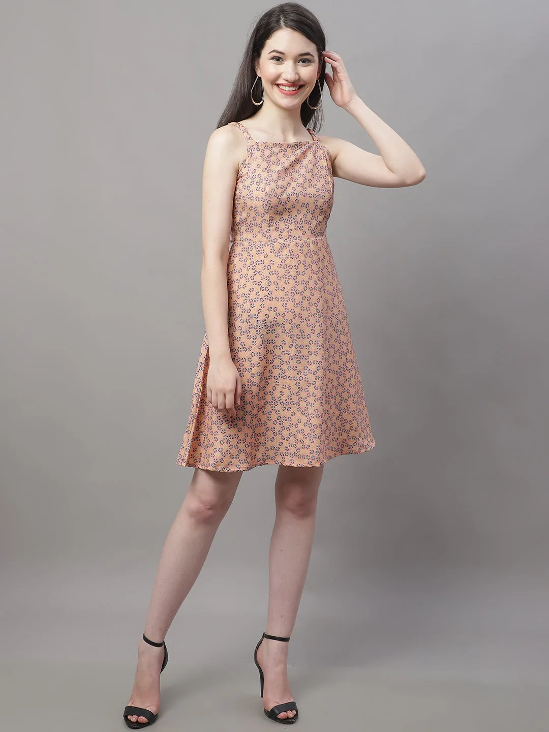 Women Peach Floral Printed A-Line Dresses