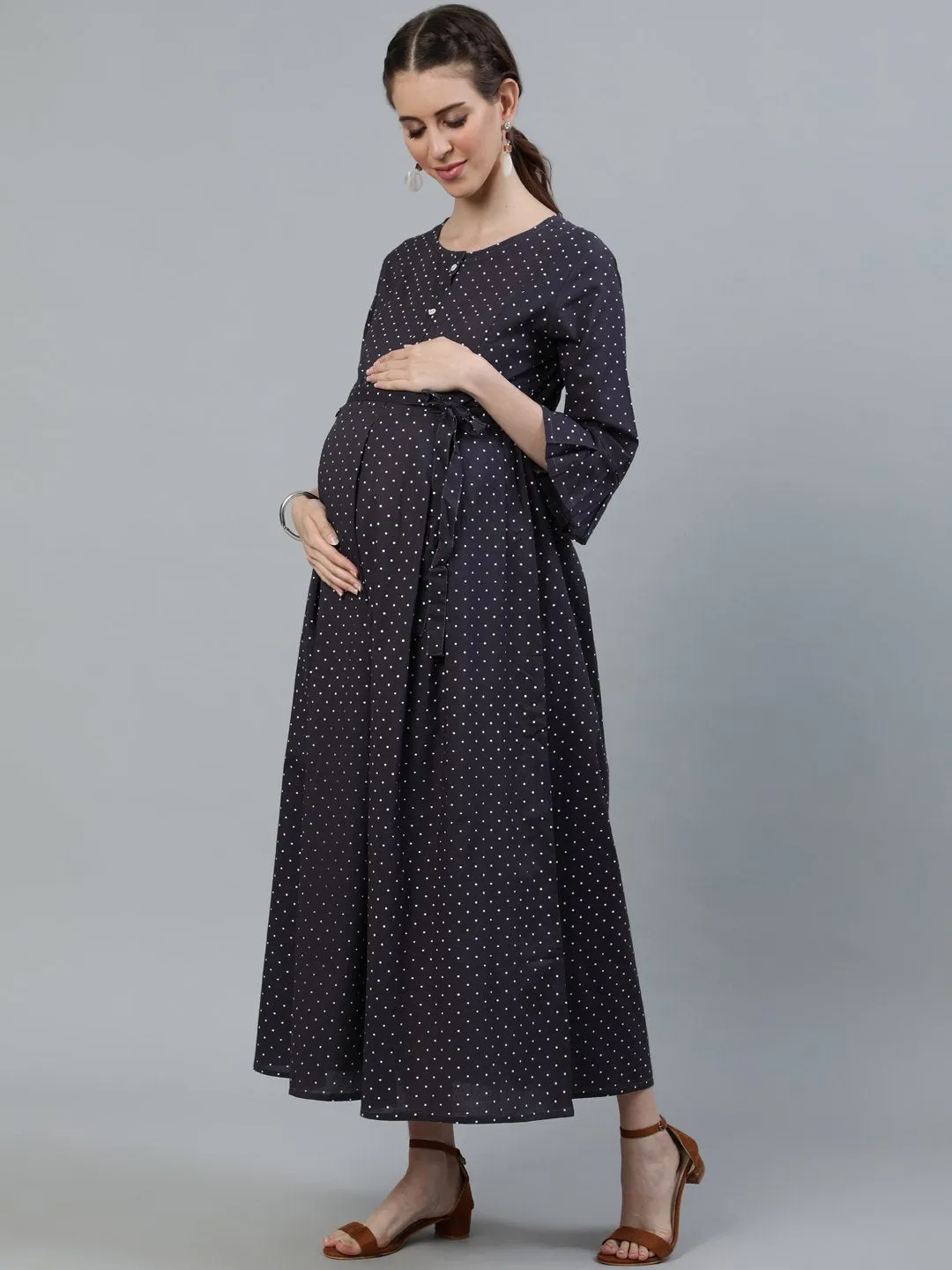 Women Taupe Polka Dots Maternity Dress With Belt