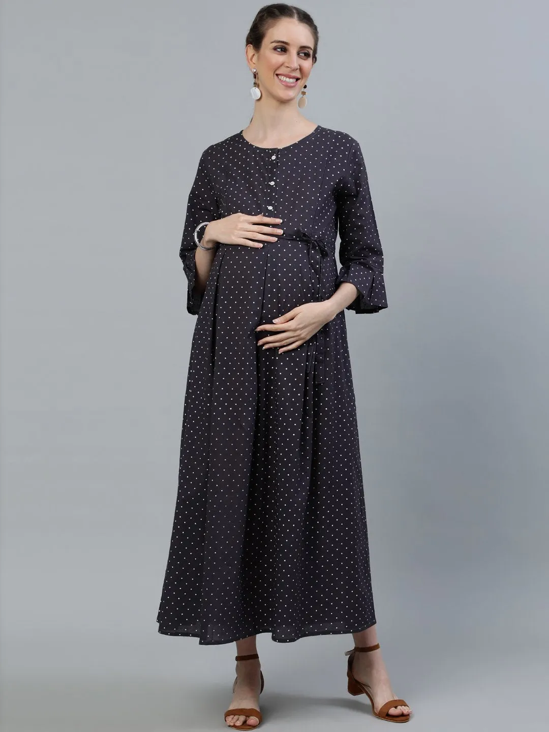 Women Taupe Polka Dots Maternity Dress With Belt