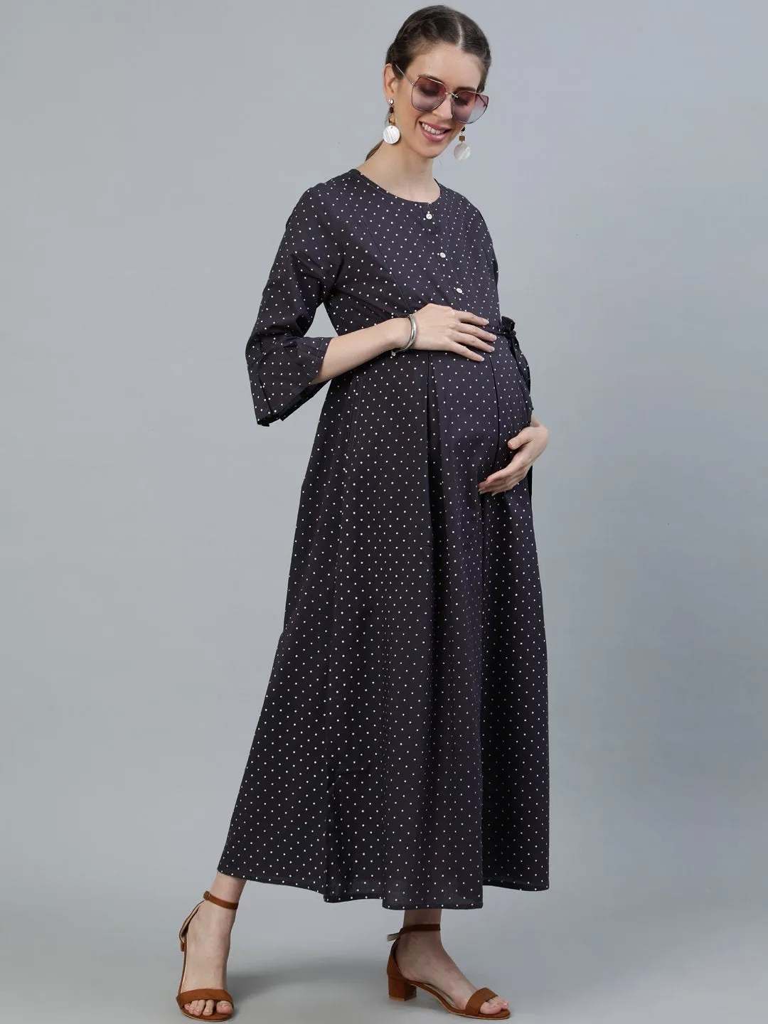 Women Taupe Polka Dots Maternity Dress With Belt