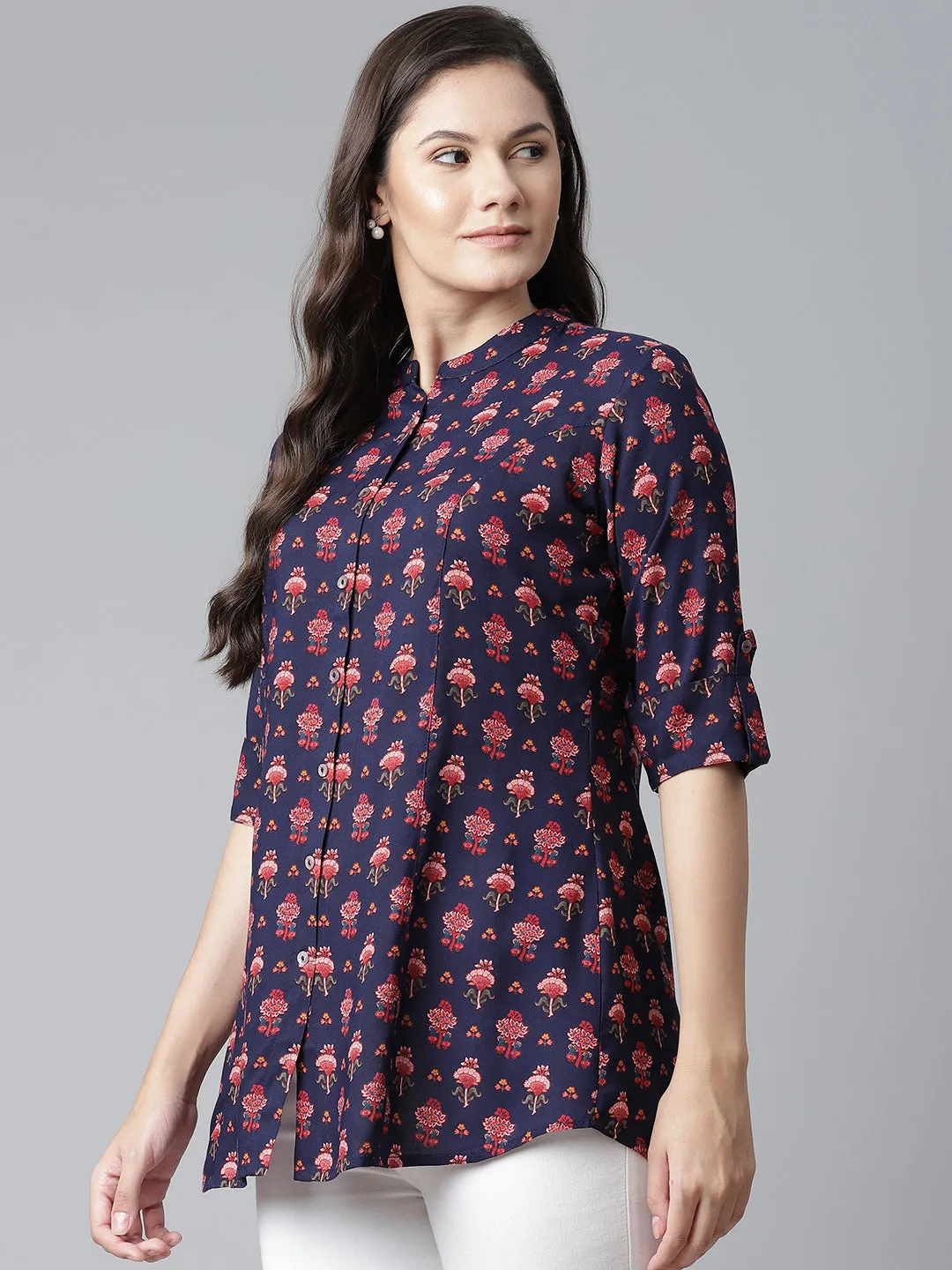 Women'S Dark Blue Rayon Printed Top