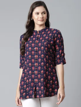 Women'S Dark Blue Rayon Printed Top